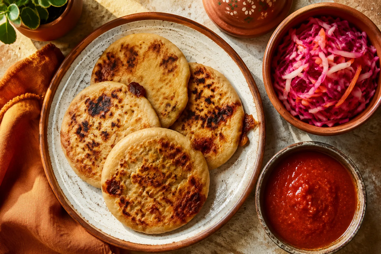 Plated pupusas with curtido and salsa roja from above
