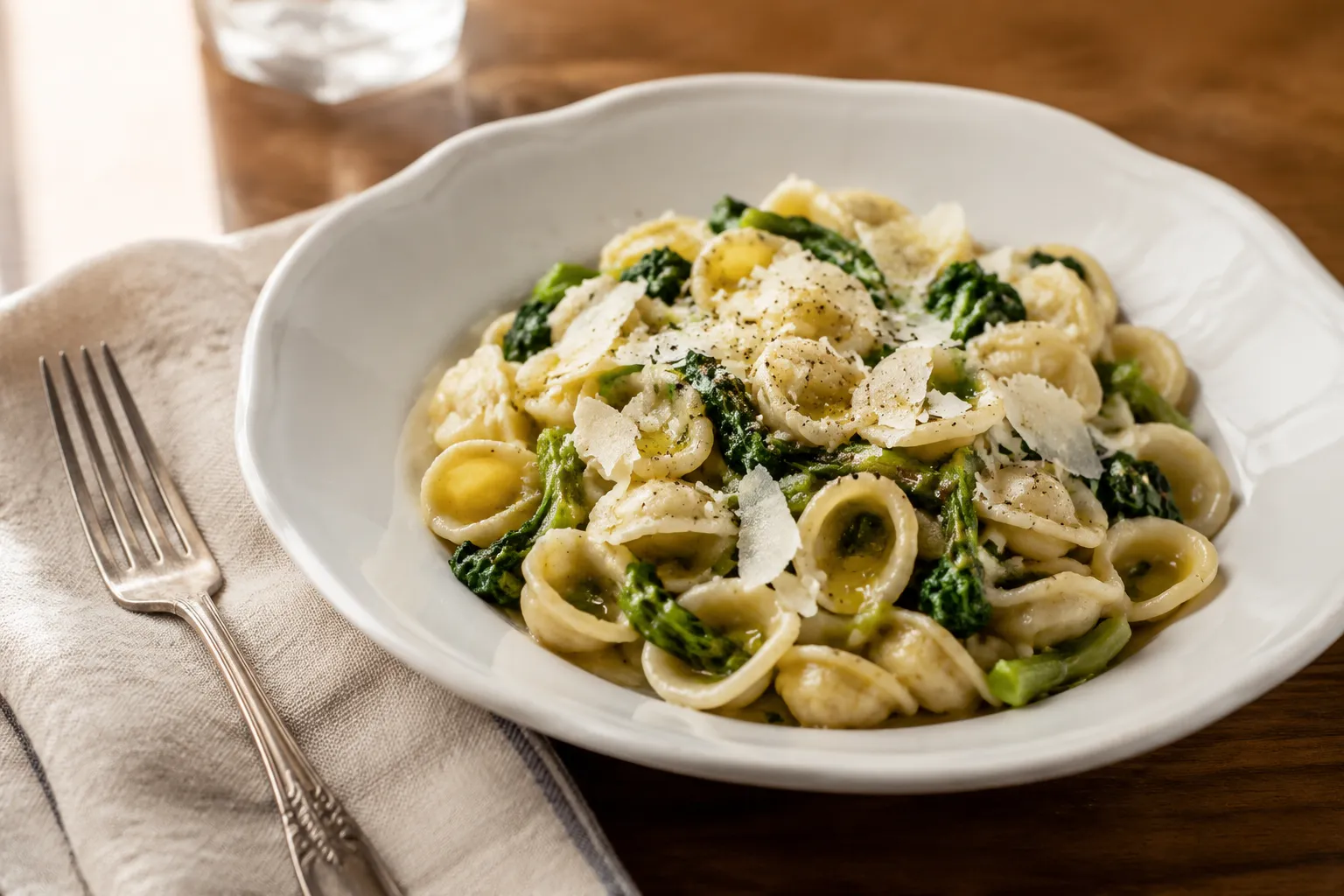 Plated orecchiette with sausage and broccoli rabe topped with Pecorino