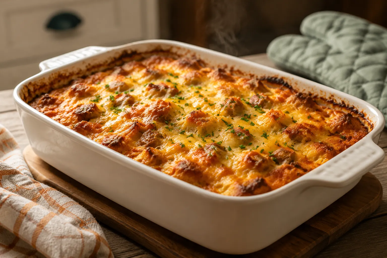 Baked sausage and hash brown breakfast casserole golden and bubbling from the oven