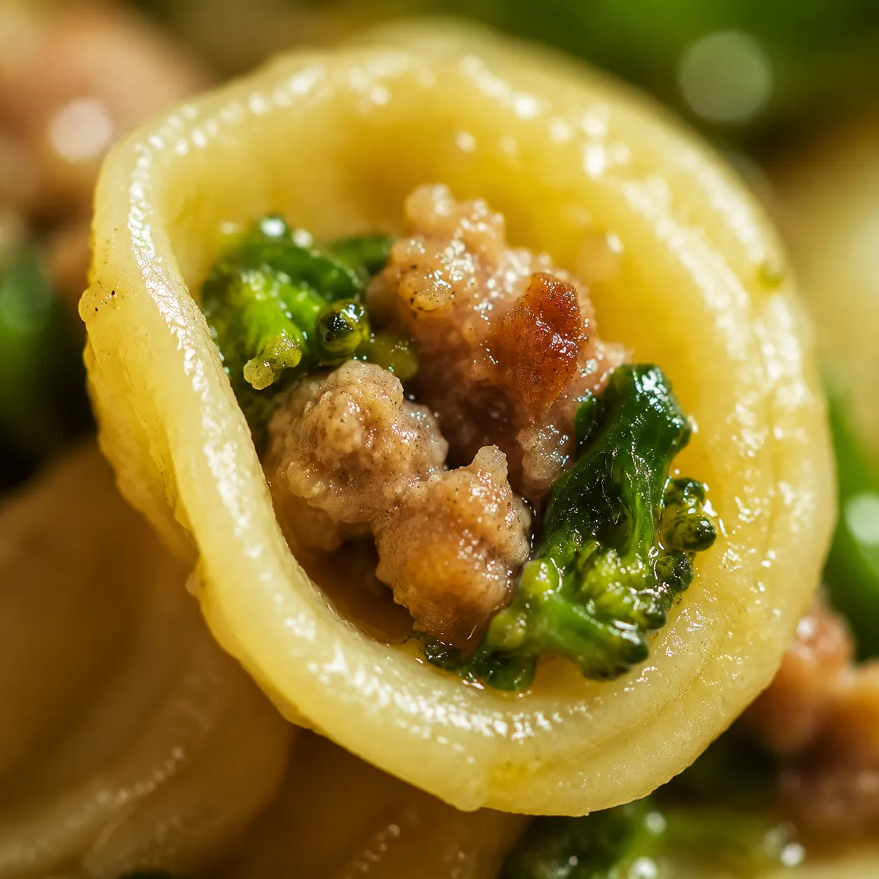 Close-up of a single orecchiette pasta cradling sausage and broccoli rabe