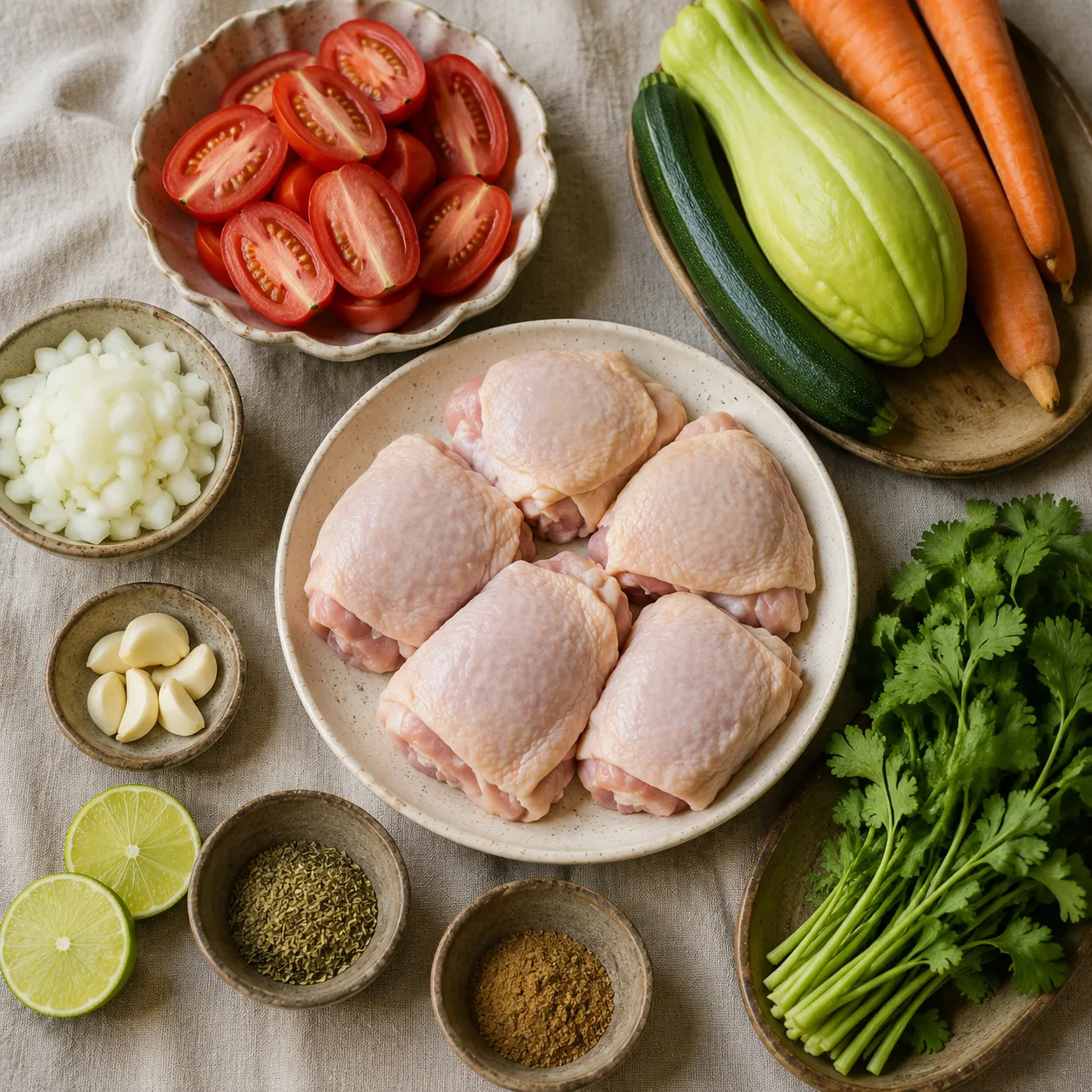 Mexican soup recipe ingredients flatlay with chicken, vegetables, and Mexican spices