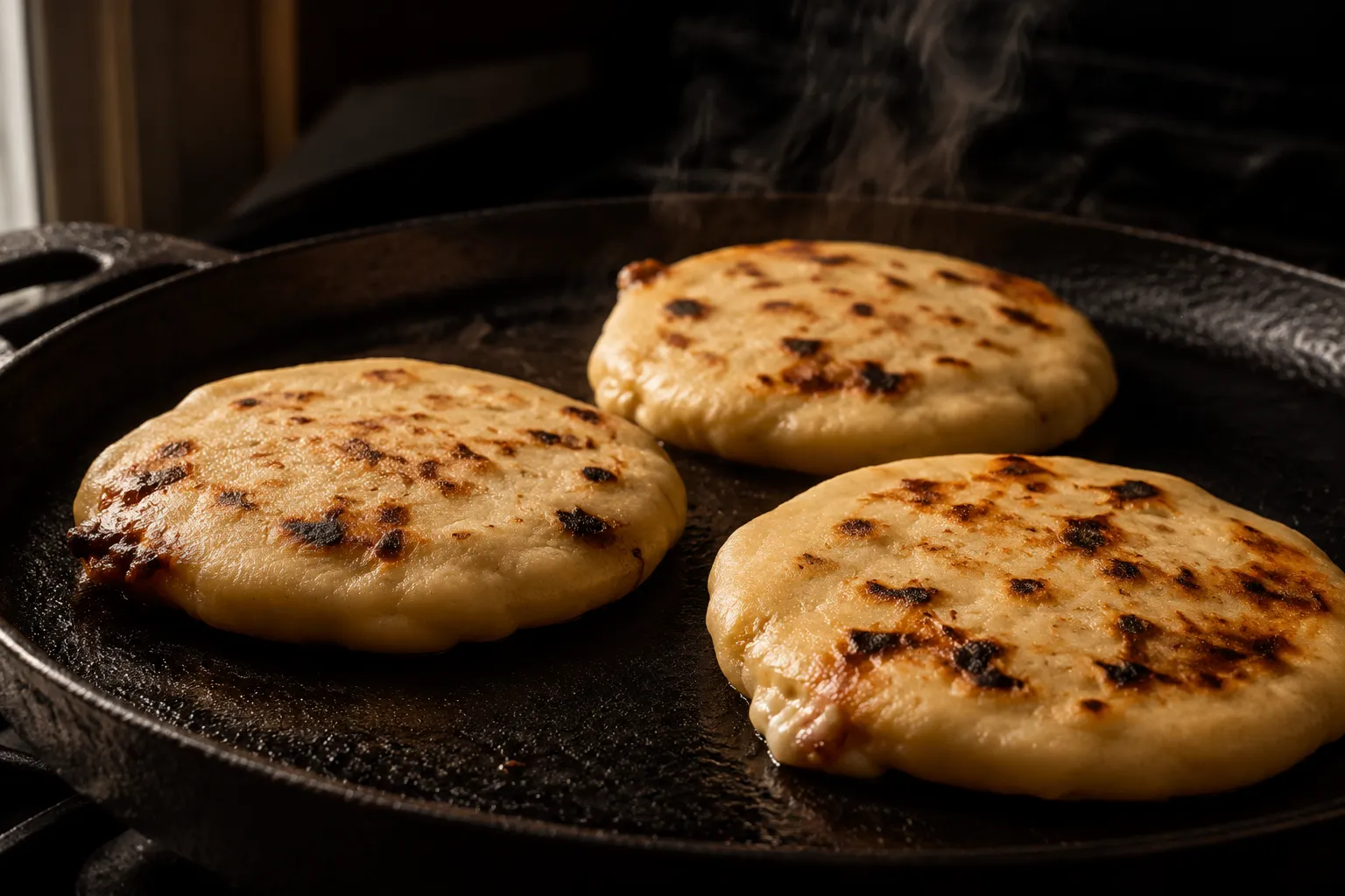 Pupusas cooking on a cast iron griddle with golden blistered spots