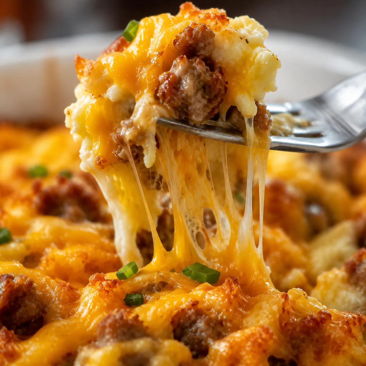Cheese pull macro close-up of a forkful of breakfast casserole recipe