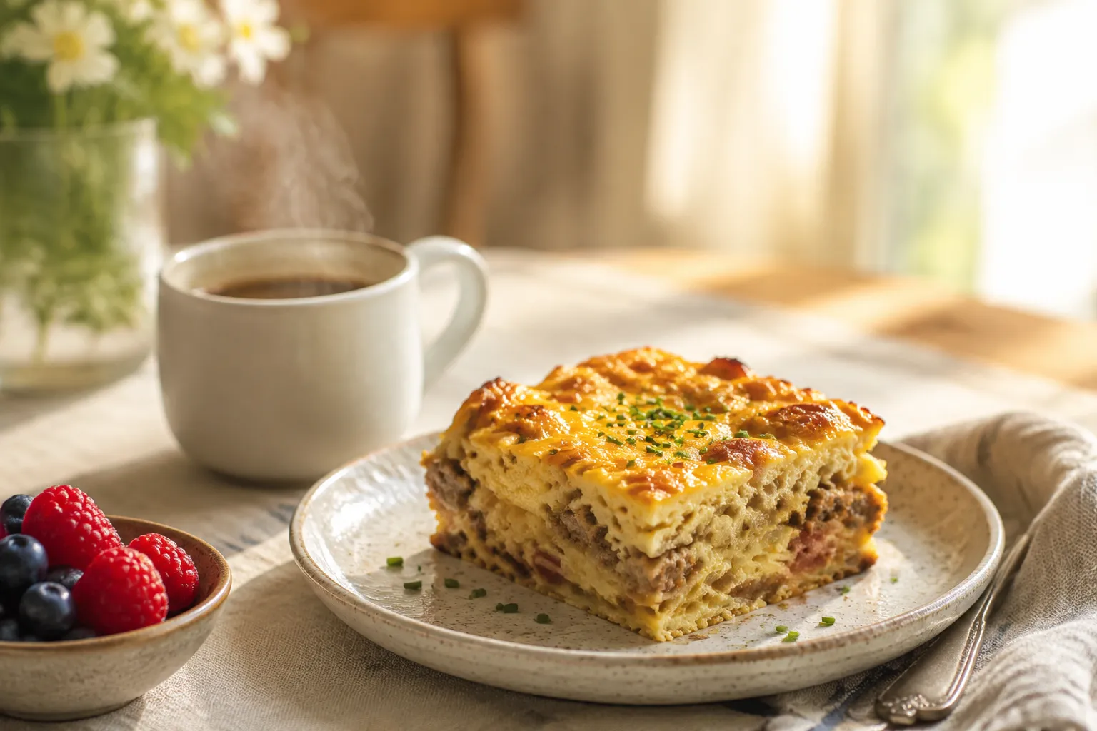 Plated breakfast casserole with berries and coffee on a brunch table