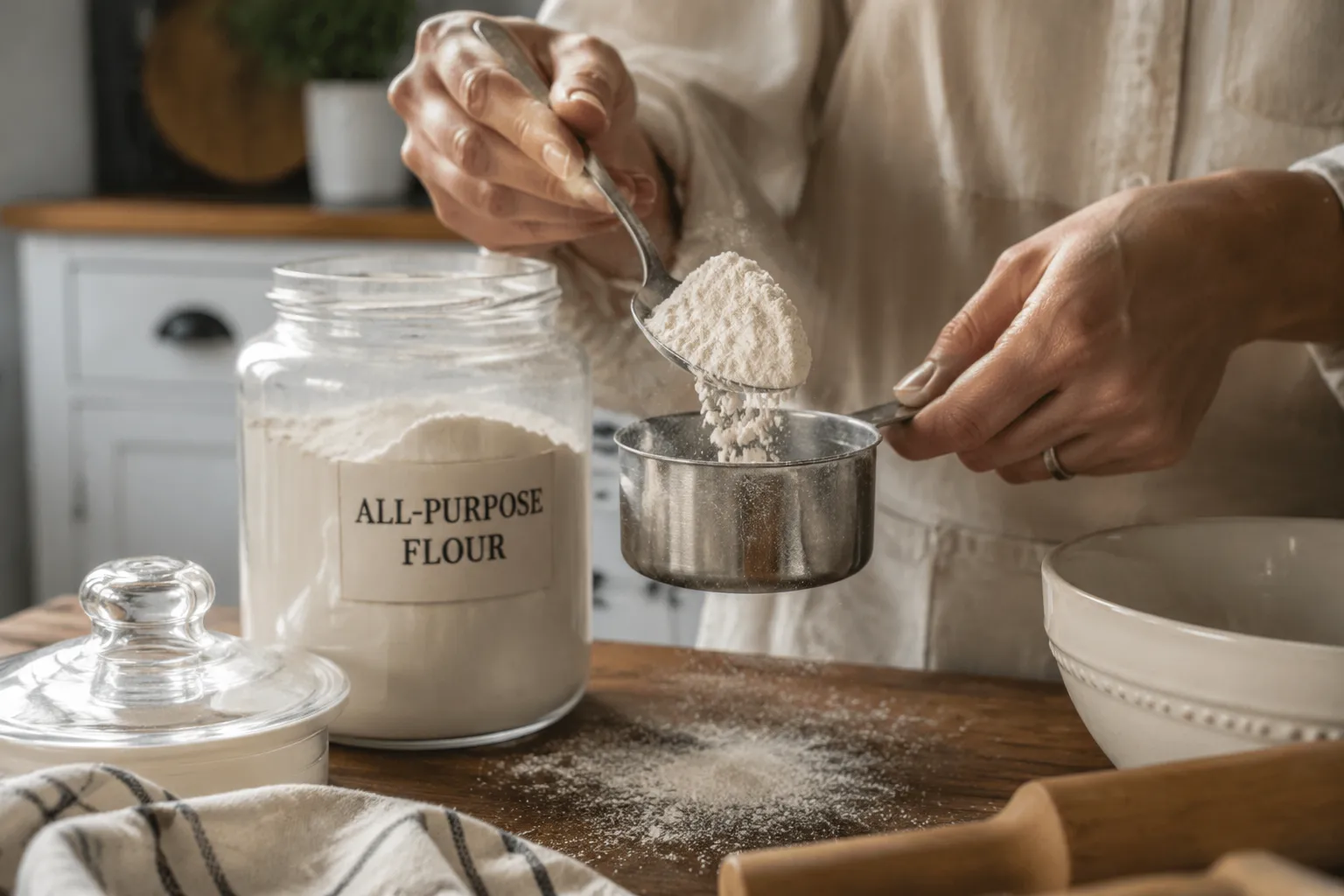 Spooning flour into a measuring cup to convert 1 cup to grams accurately