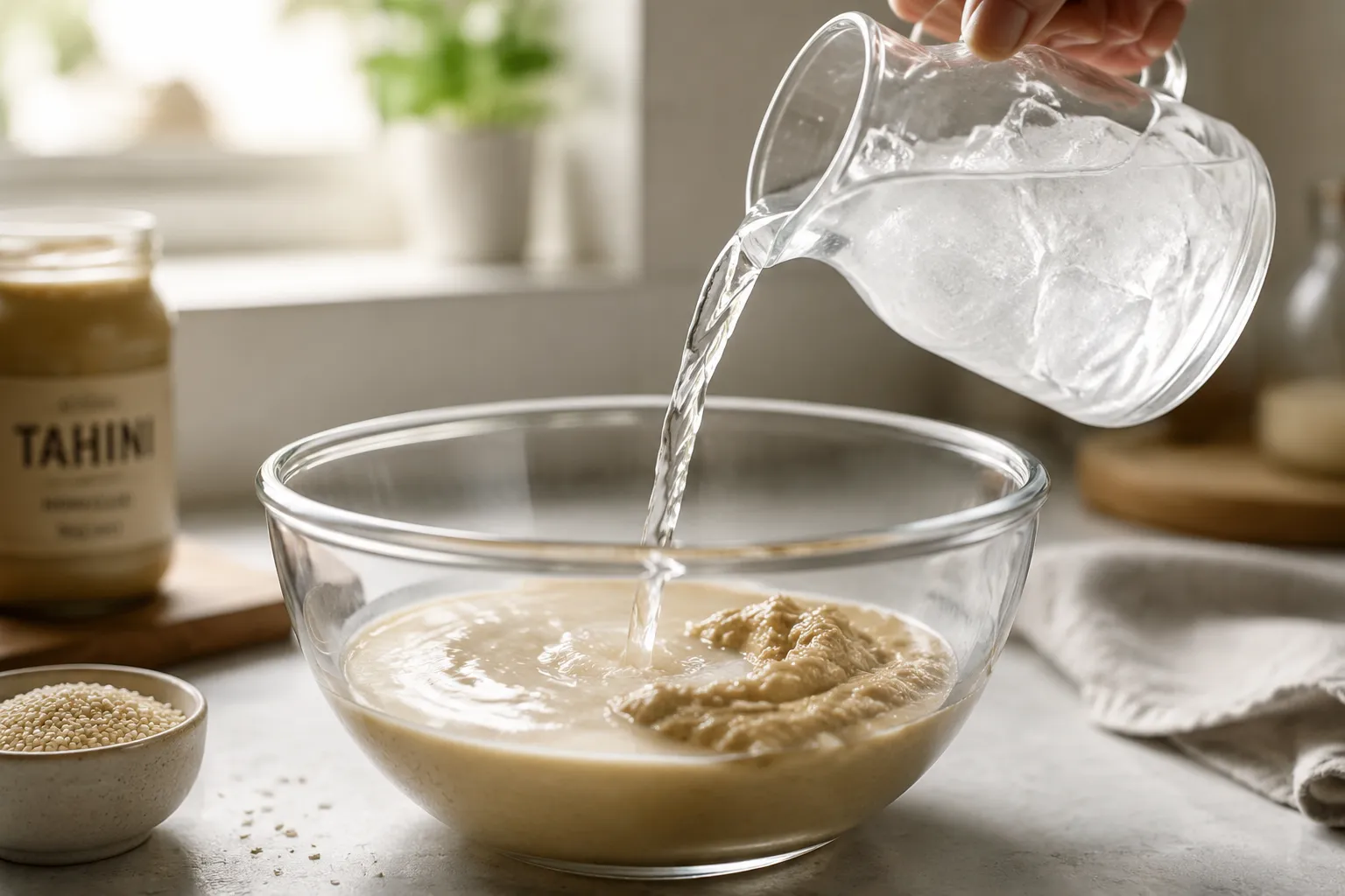 Streaming ice water into tahini sauce to make it creamy and pourable