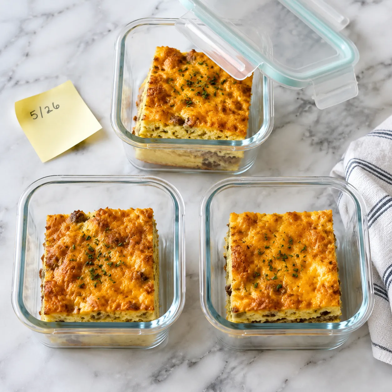 Make-ahead breakfast casserole stored in glass meal-prep containers