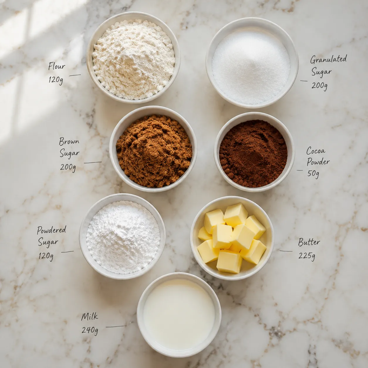 Cups to grams ingredient flatlay with flour, sugar, cocoa, and butter in bowls