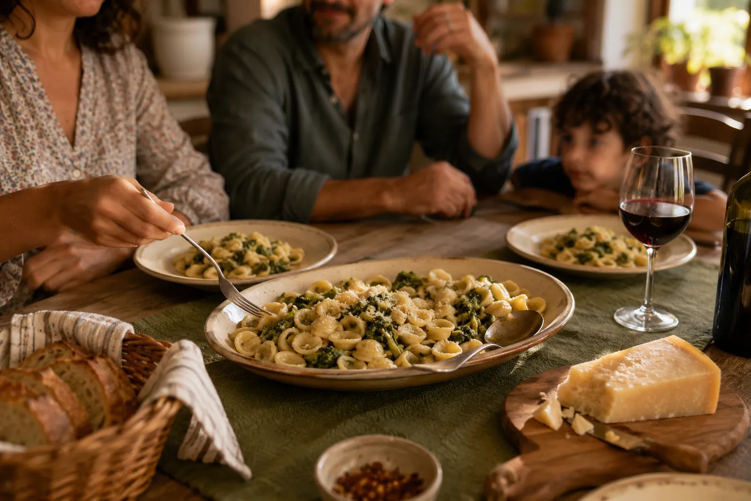 Orecchiette pasta served family-style with wine and Pecorino Romano