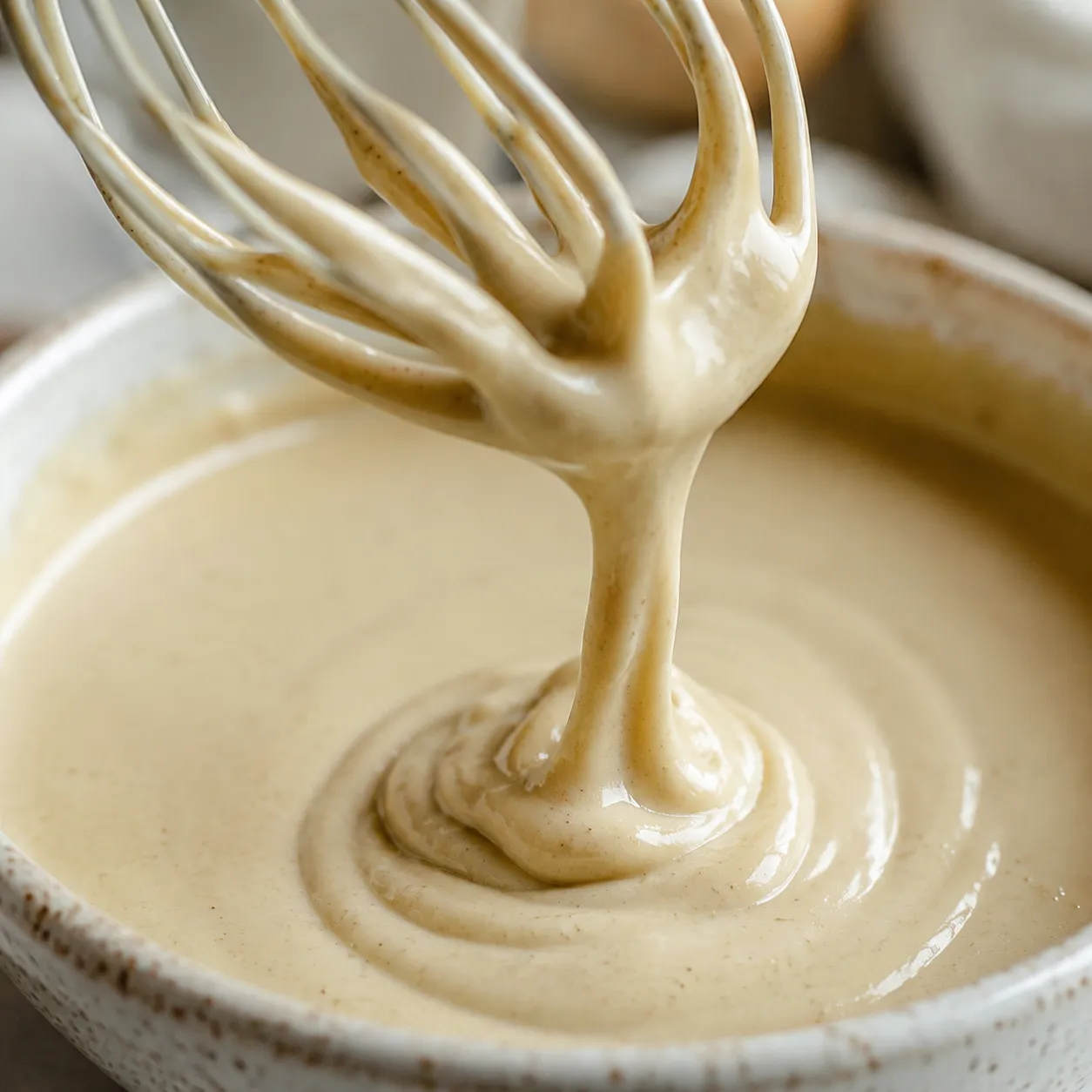 Close-up of silky tahini sauce ribbons falling from a whisk