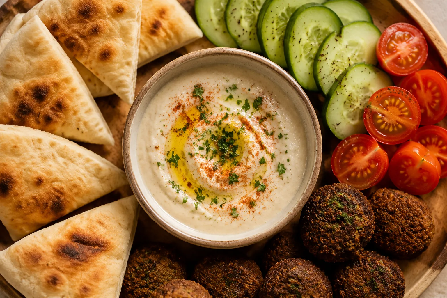 Finished tahini sauce served with falafel, pita, and fresh vegetables