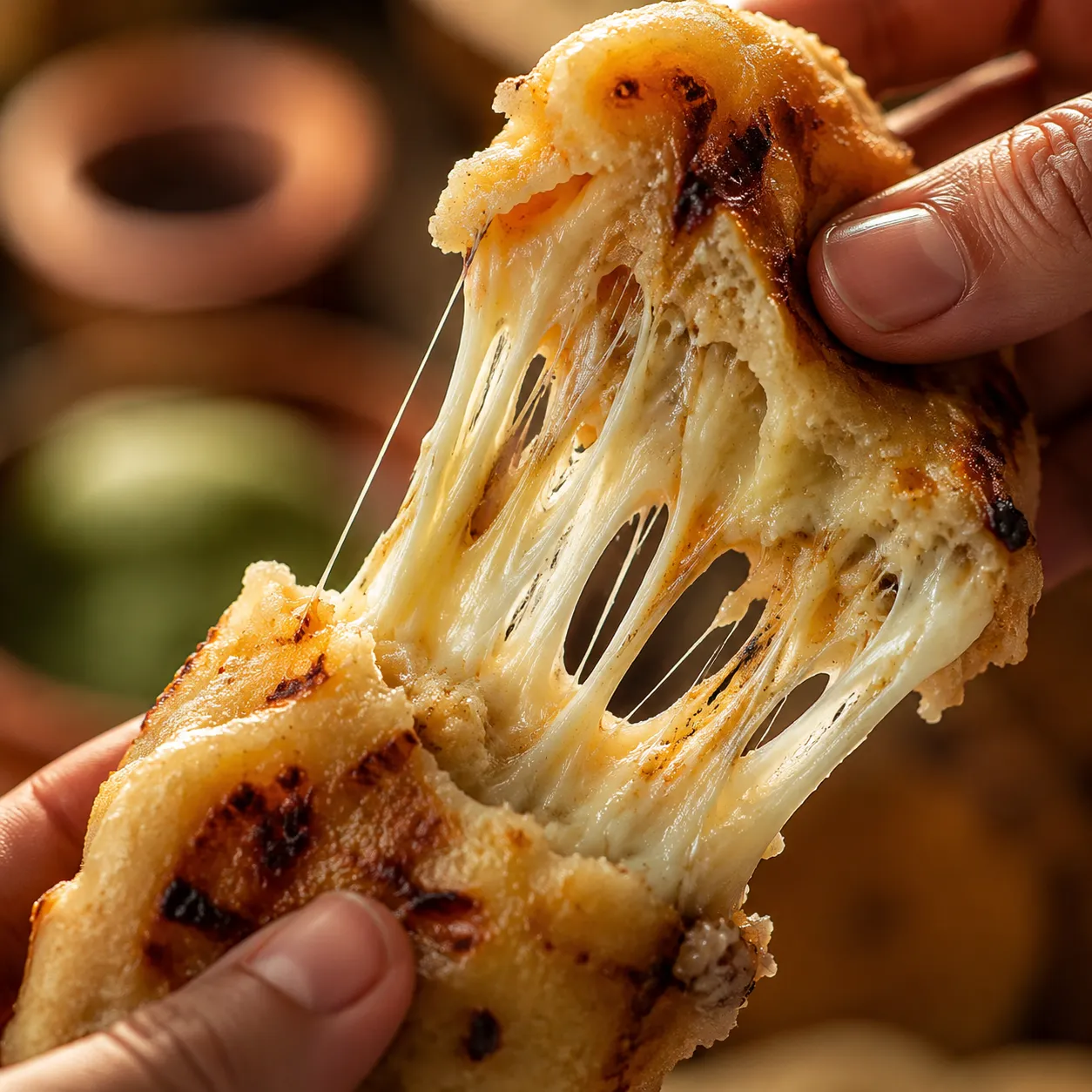 Close-up cheese pull inside a torn Salvadoran pupusa