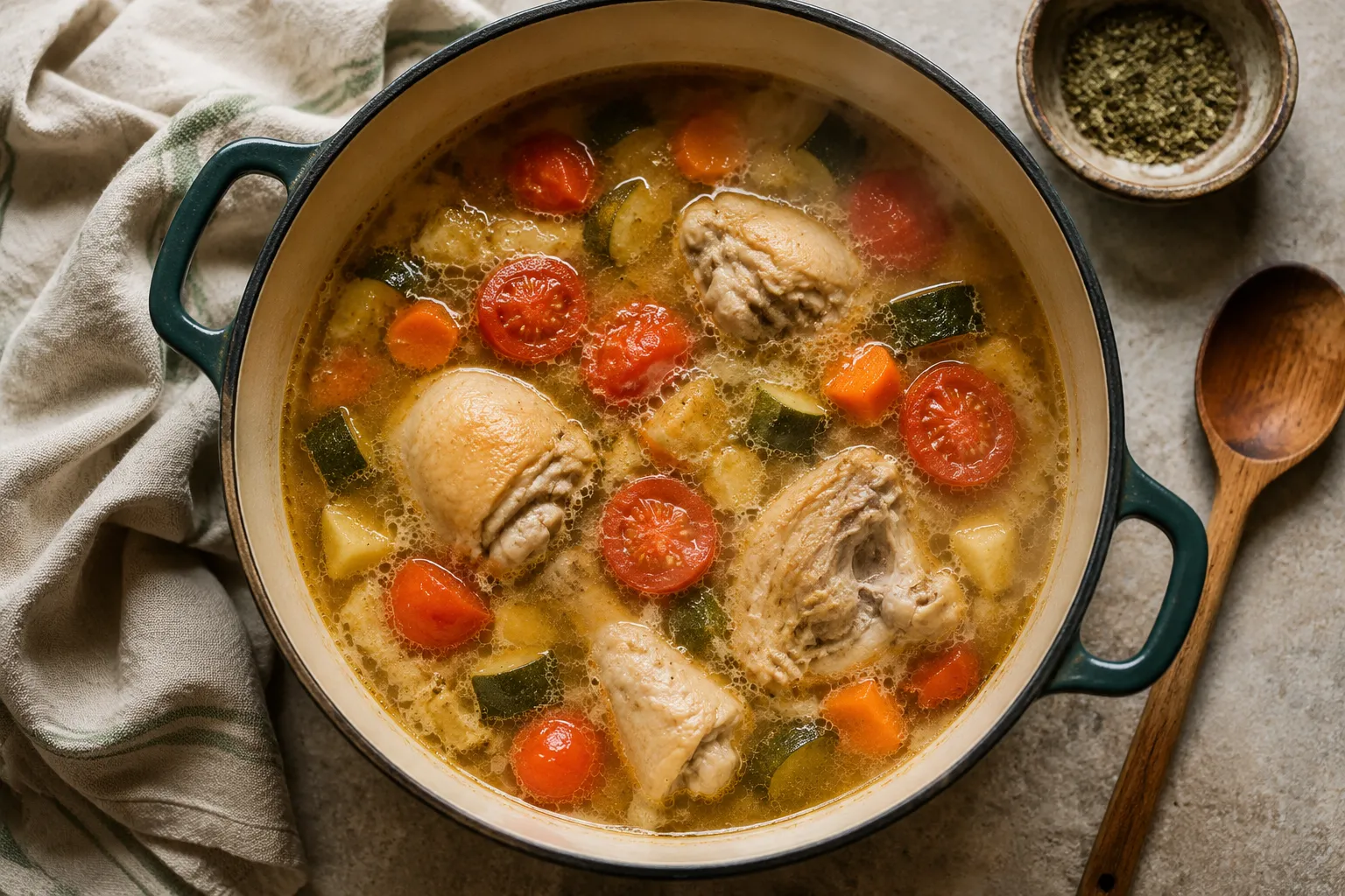 Mexican chicken soup simmering with vegetables in a Dutch oven