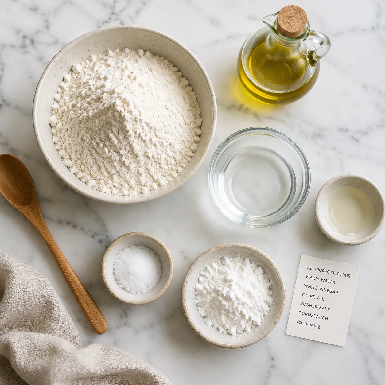 Phyllo dough ingredients flatlay with flour, water, olive oil, and salt