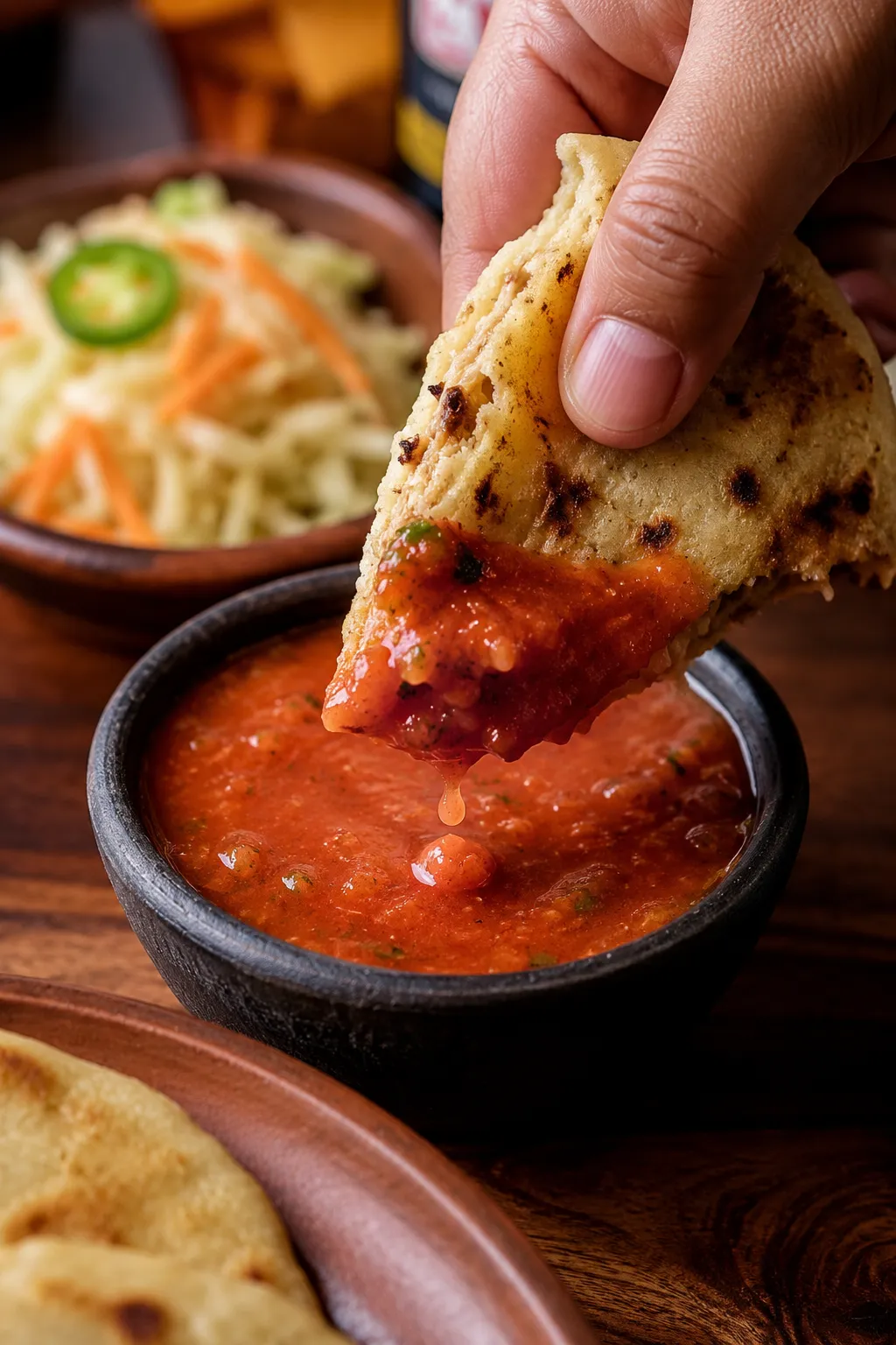 Hand dipping pupusa into salsa roja for serving