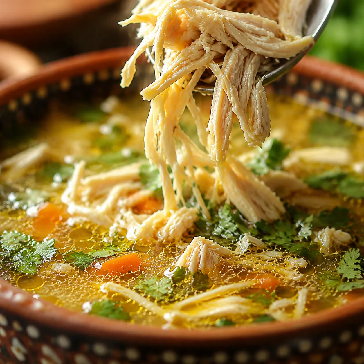 Close-up of shredded chicken in homemade Mexican soup broth