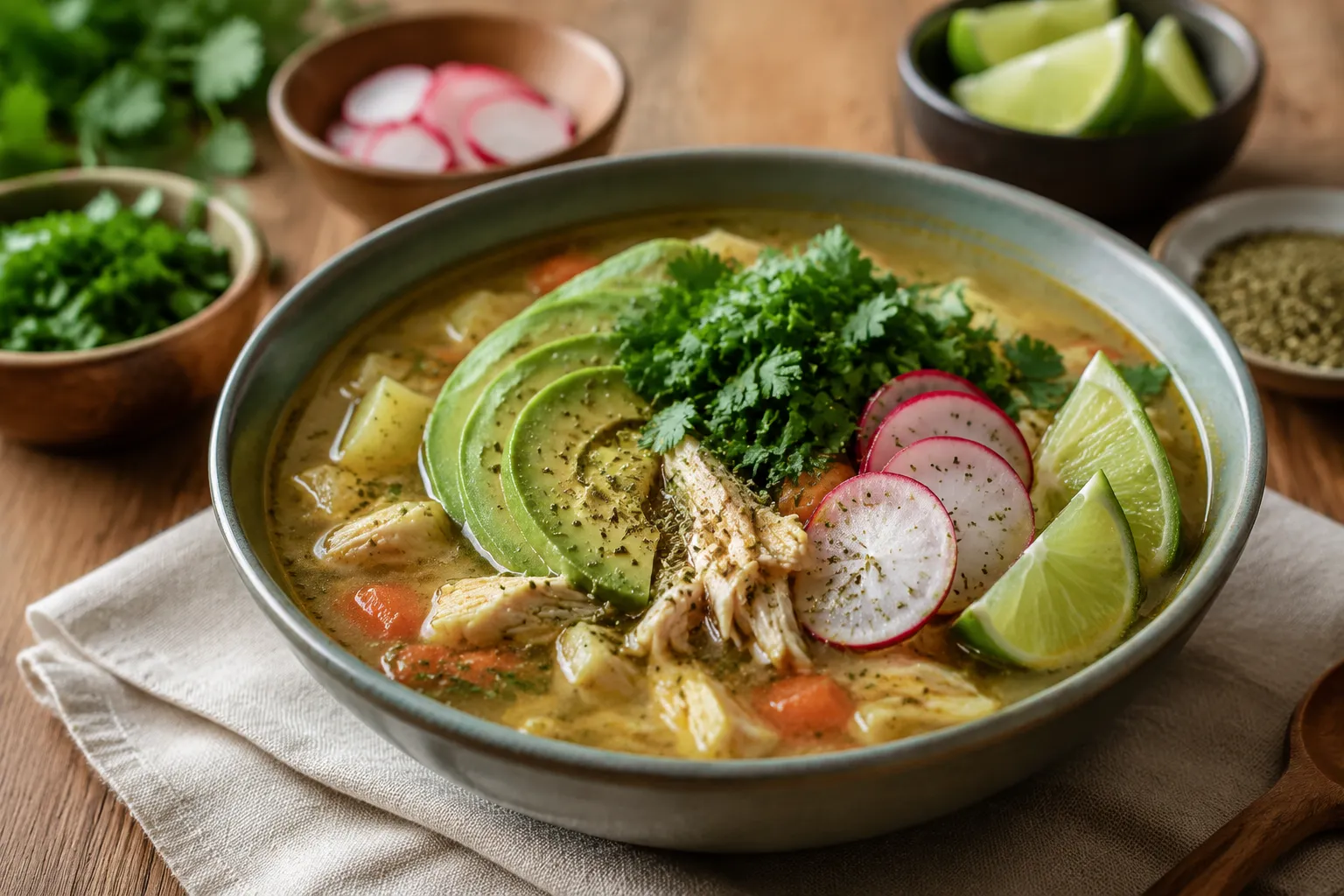 Finished Mexican chicken soup recipe topped with avocado, radish, and lime