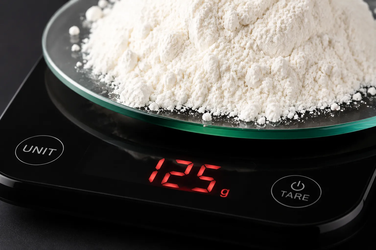 Digital kitchen scale showing 125 grams of flour equal to 1 cup