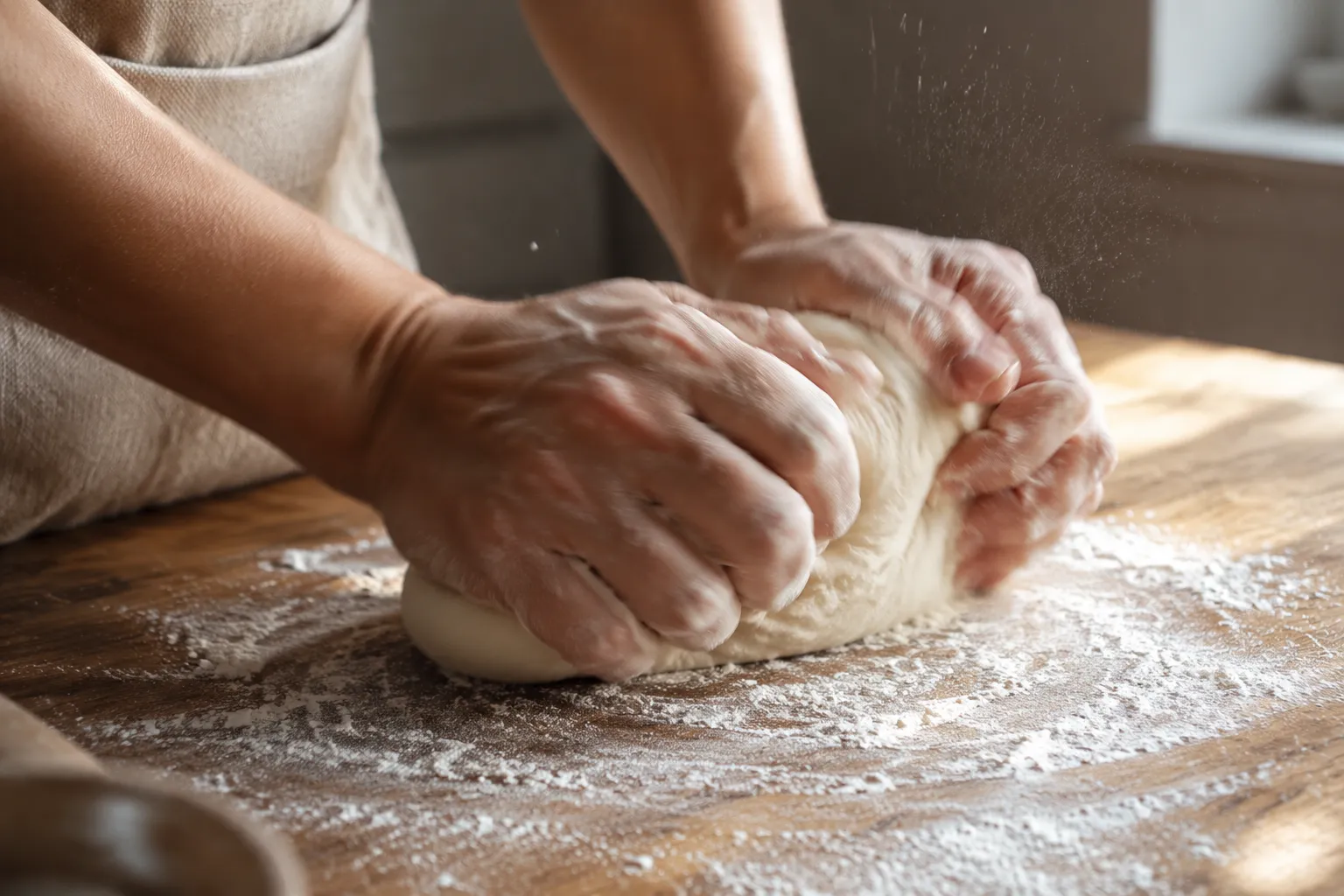 Kneading homemade phyllo dough by hand on a floured board