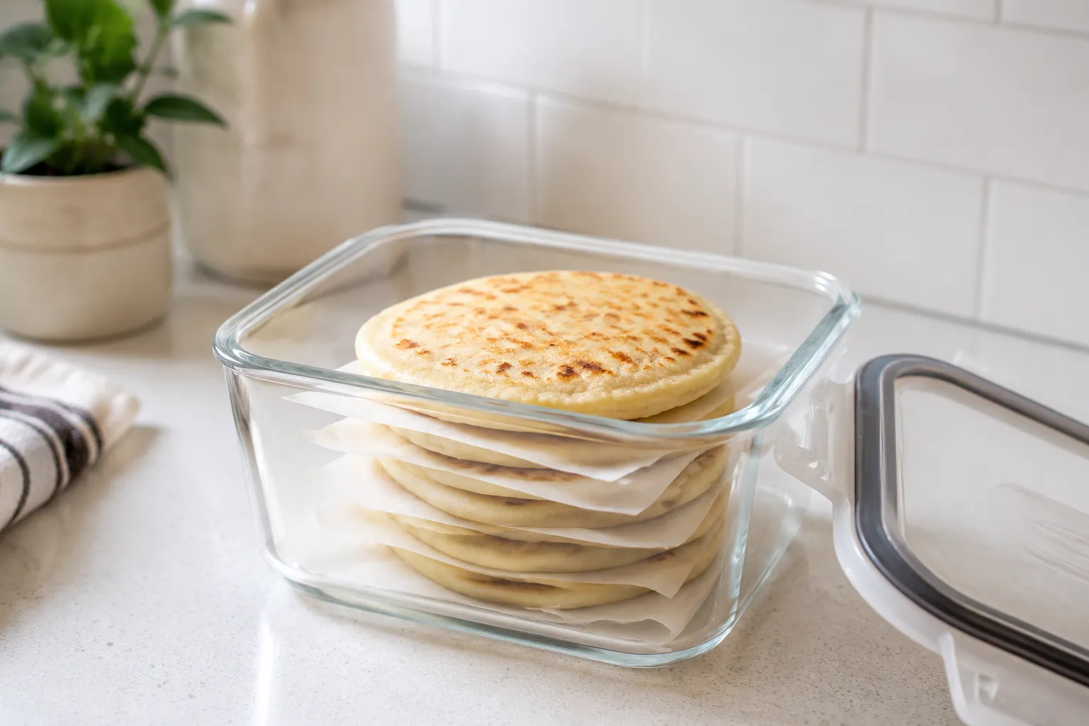 Pupusas stored in a glass container for freezing and meal prep
