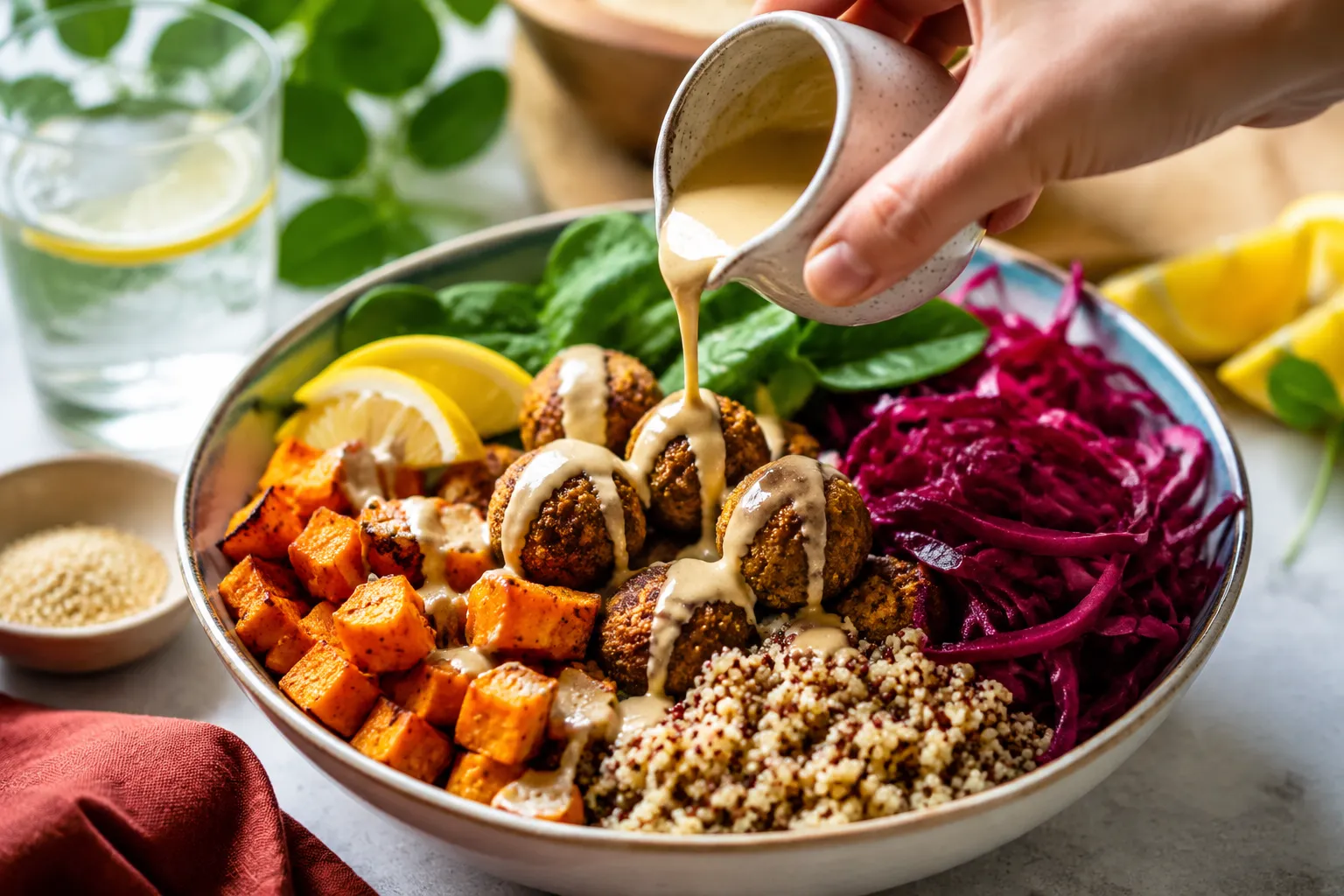 Drizzling tahini sauce over a Mediterranean grain bowl with falafel