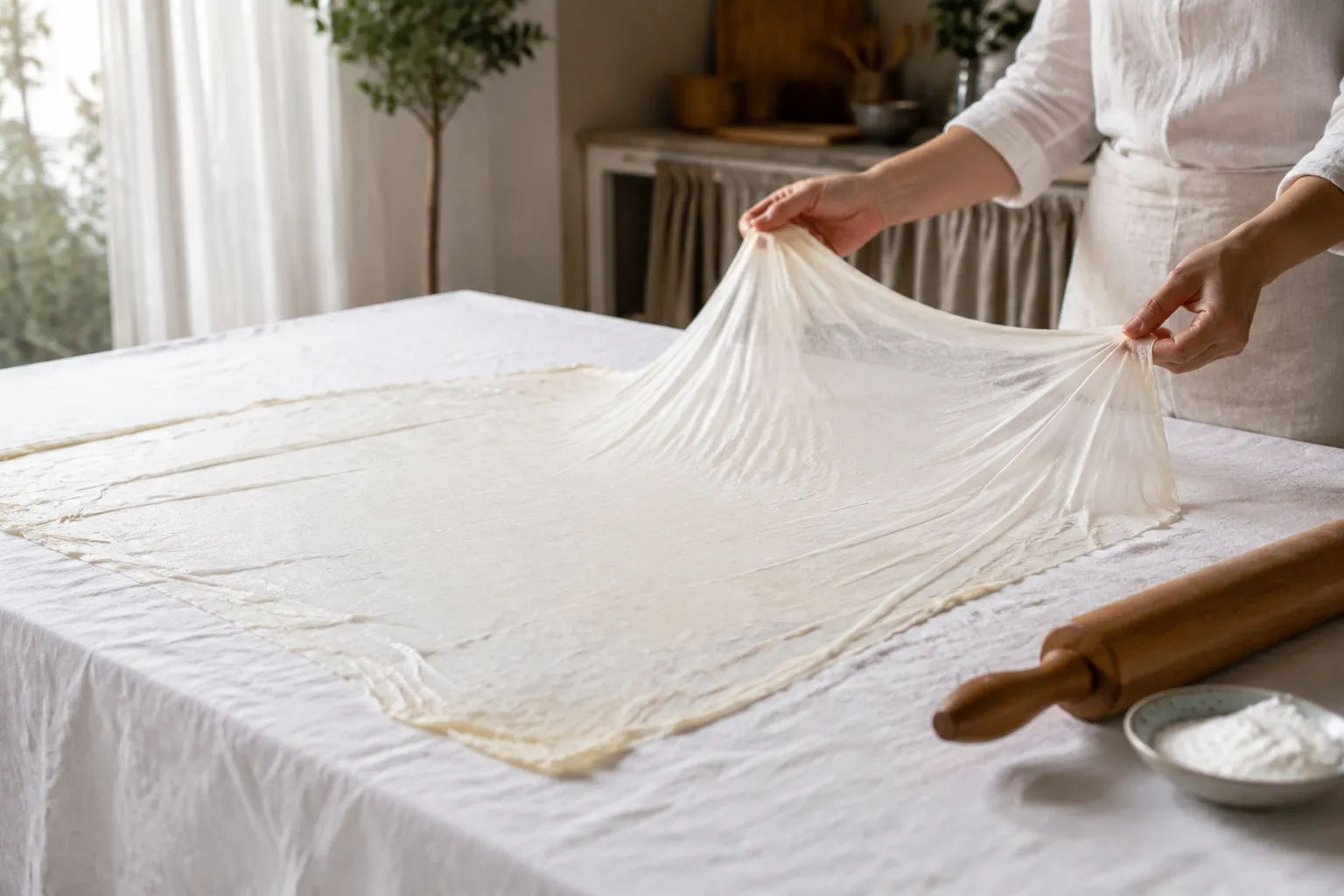 Stretching homemade filo dough paper-thin over a cotton sheet