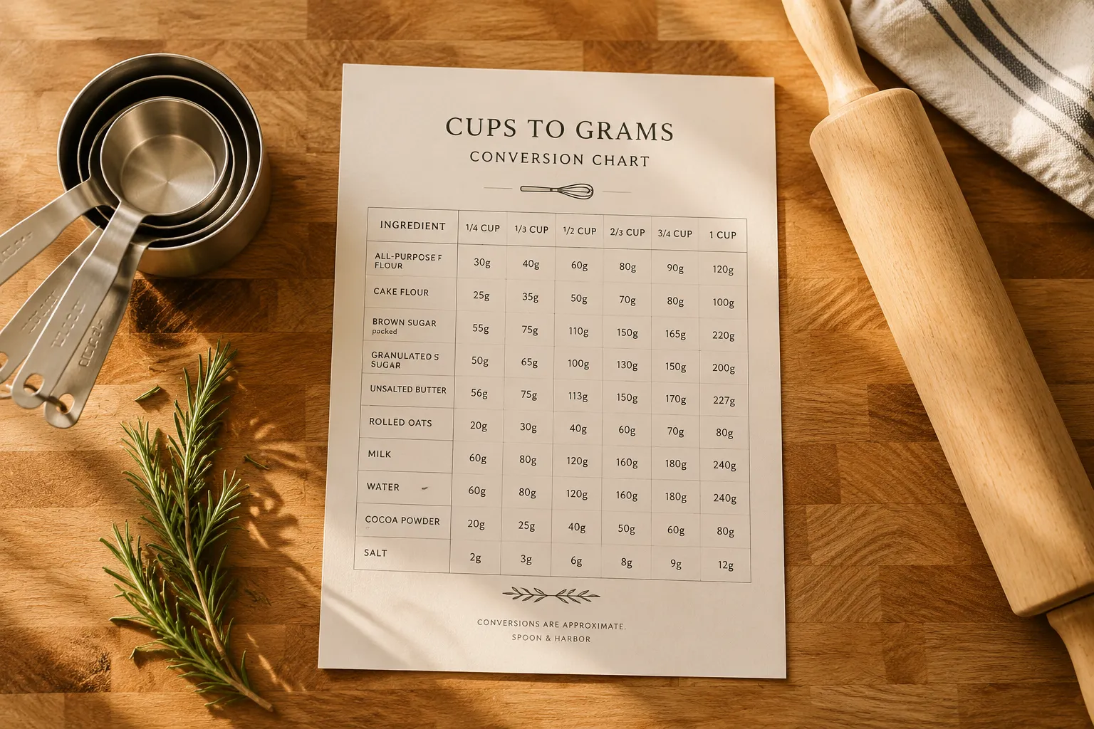 Printable 1 cup to grams baking conversion chart on kitchen counter