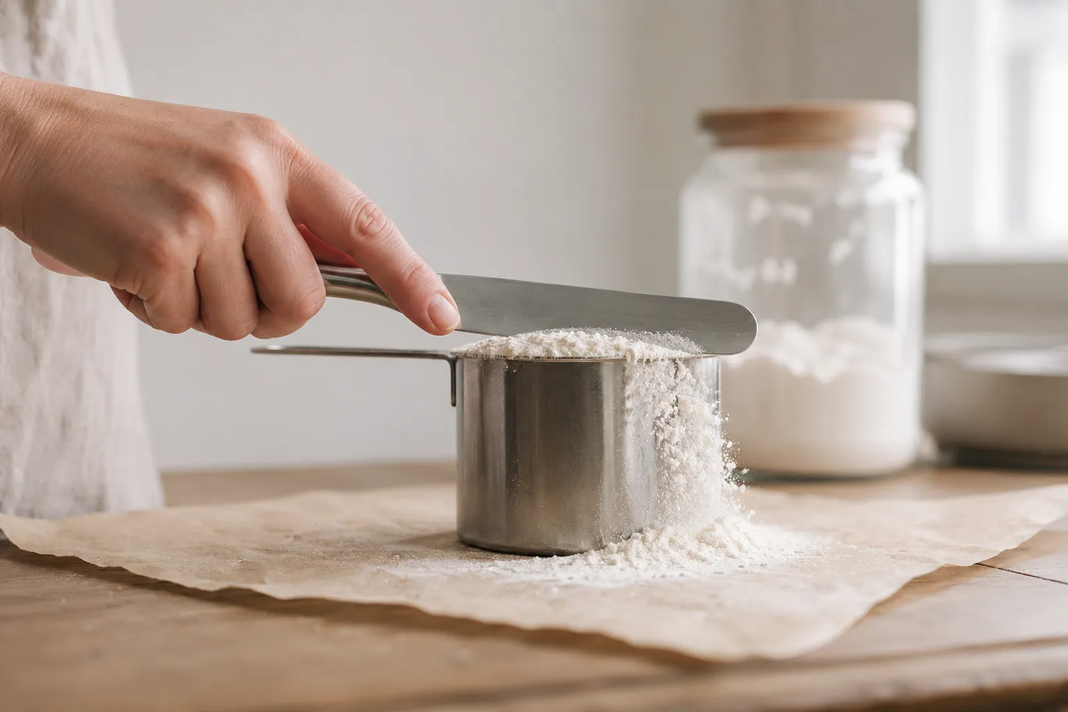 Leveling a measuring cup of flour with a knife for an accurate 1 cup to grams conversion