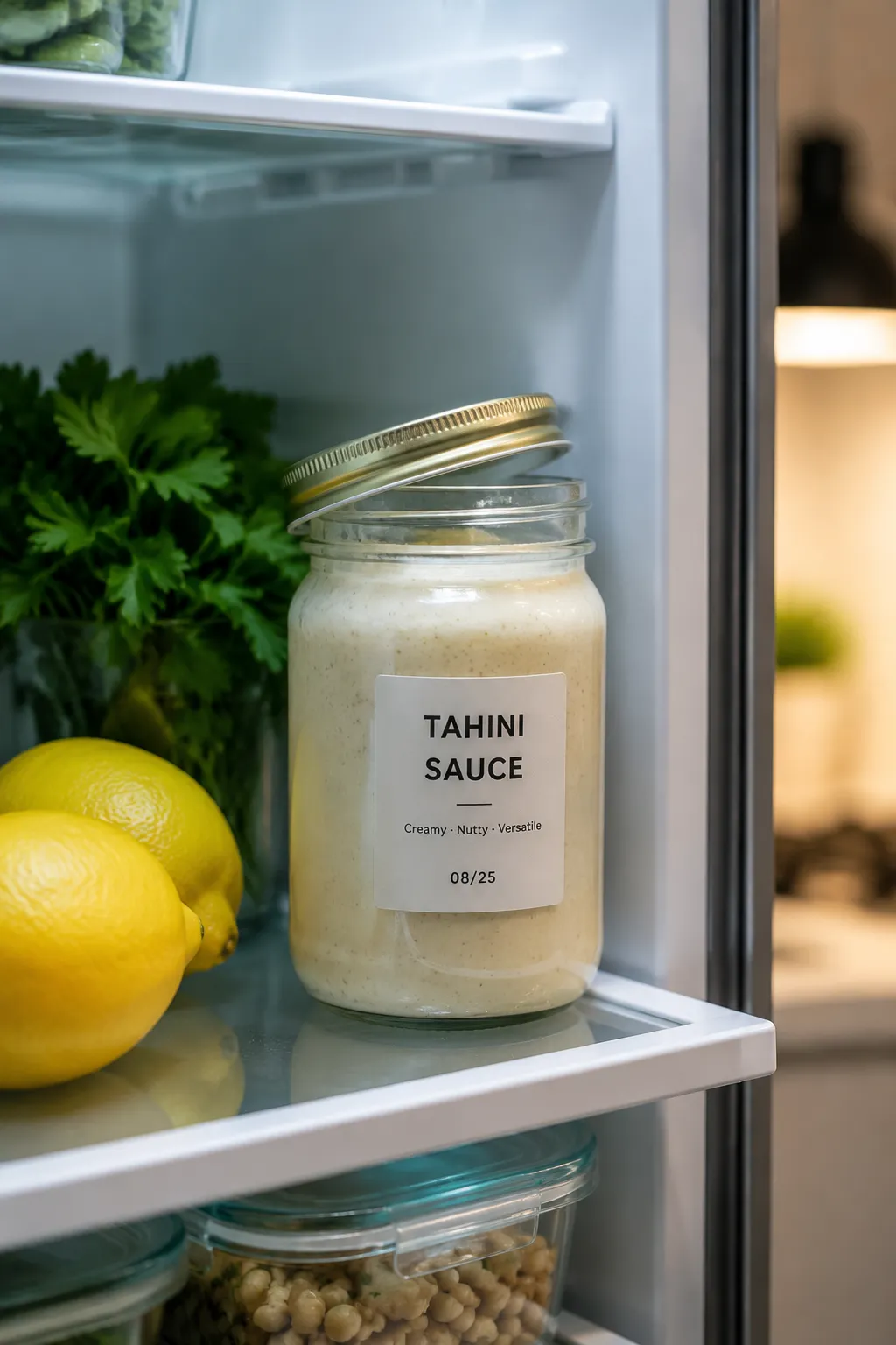 Tahini sauce stored in a glass jar in the refrigerator for meal prep