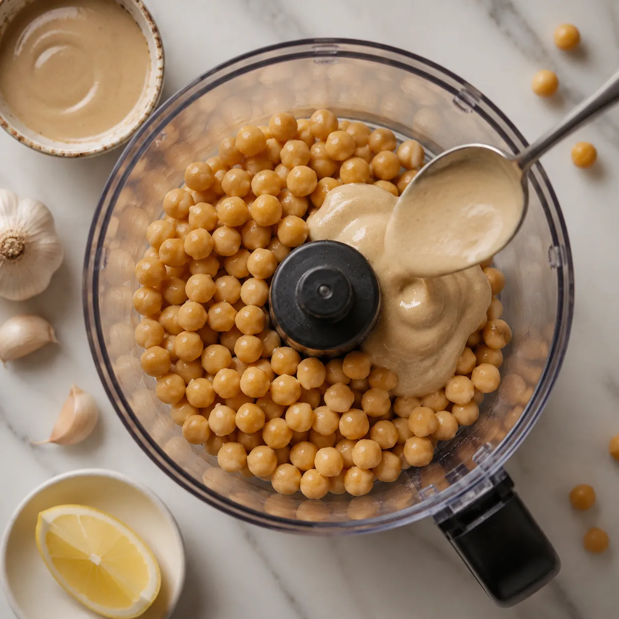 Adding tahini sauce to chickpeas in a food processor to make hummus