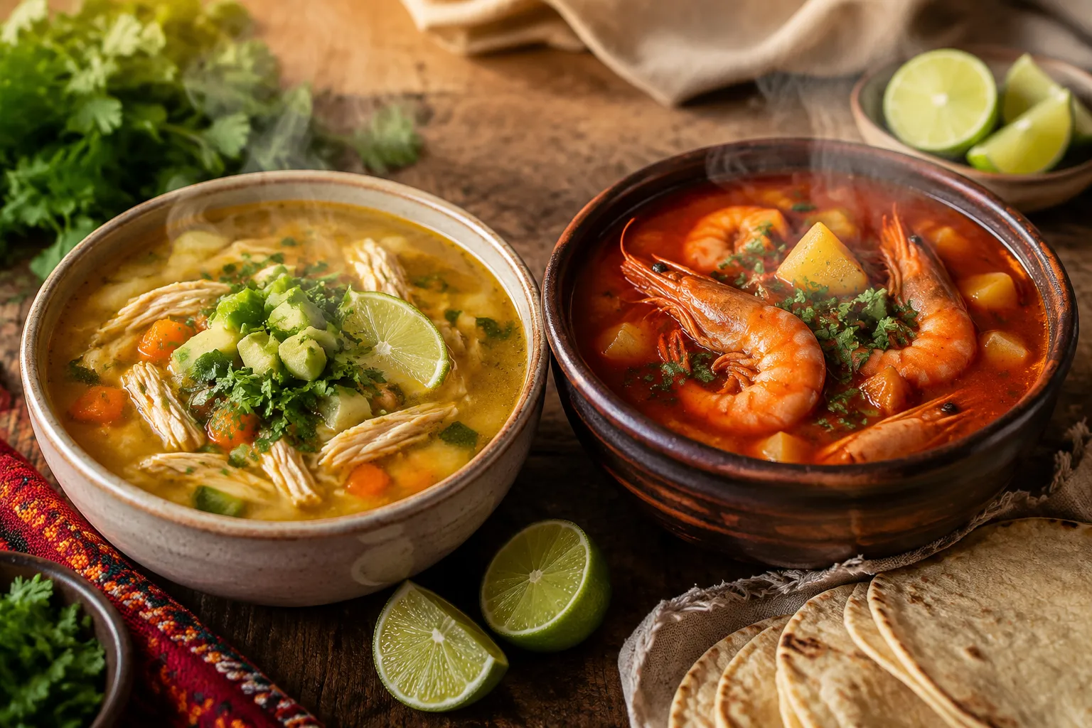 Mexican chicken soup and Mexican shrimp soup variations side by side