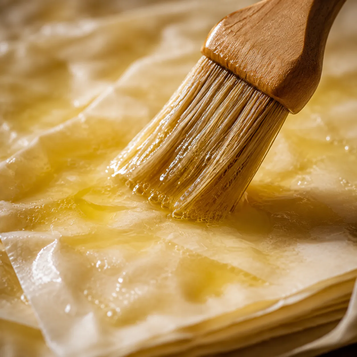 Brushing melted butter on a phyllo dough sheet close-up