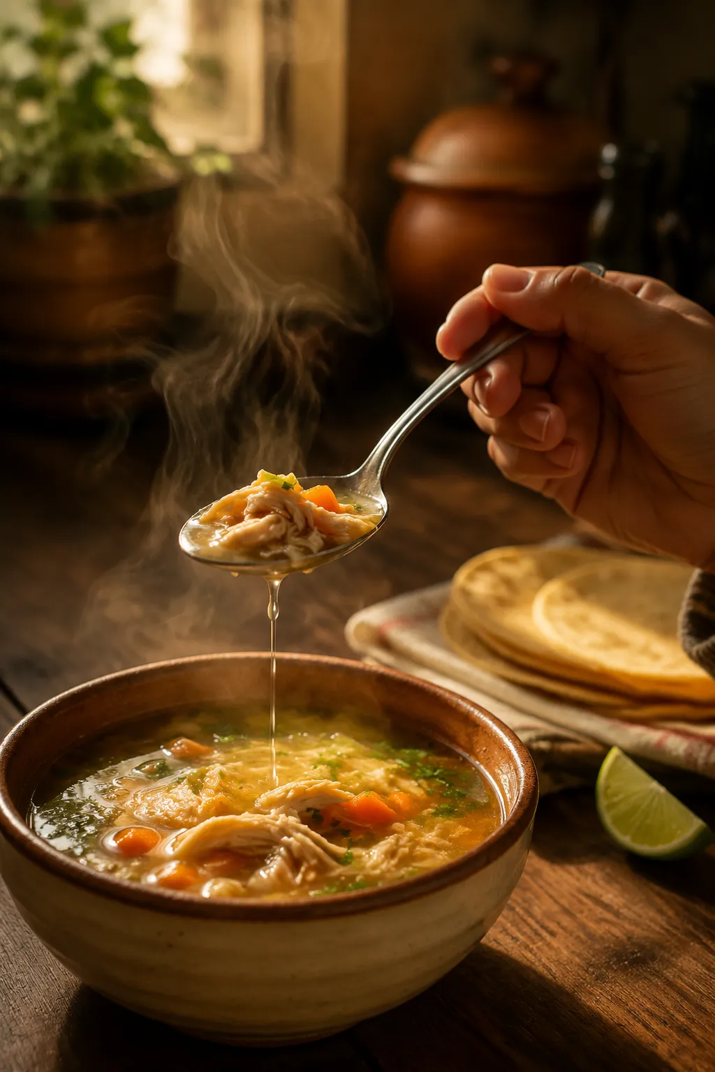 Spoonful of Mexican soup with chicken and vegetables served with warm tortillas
