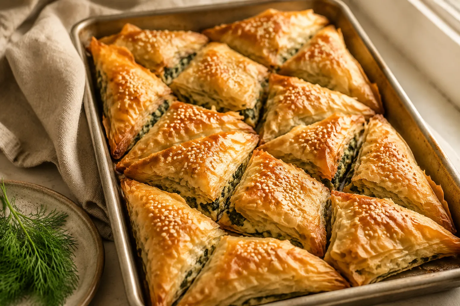 Spanakopita phyllo dough triangles fresh from the oven