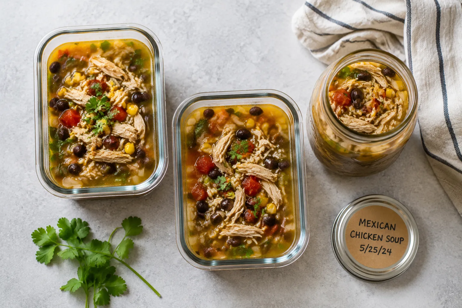 Mexican soup recipe stored in meal-prep containers for the fridge and freezer