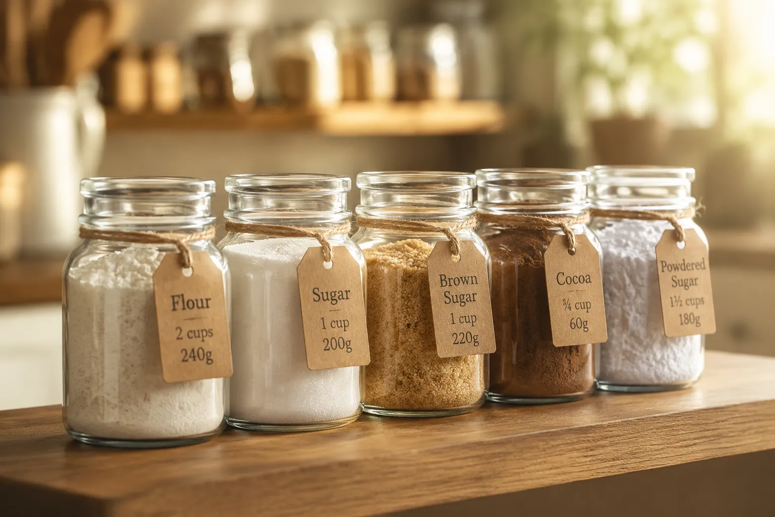 Glass jars showing 1 cup to grams conversions for common baking ingredients