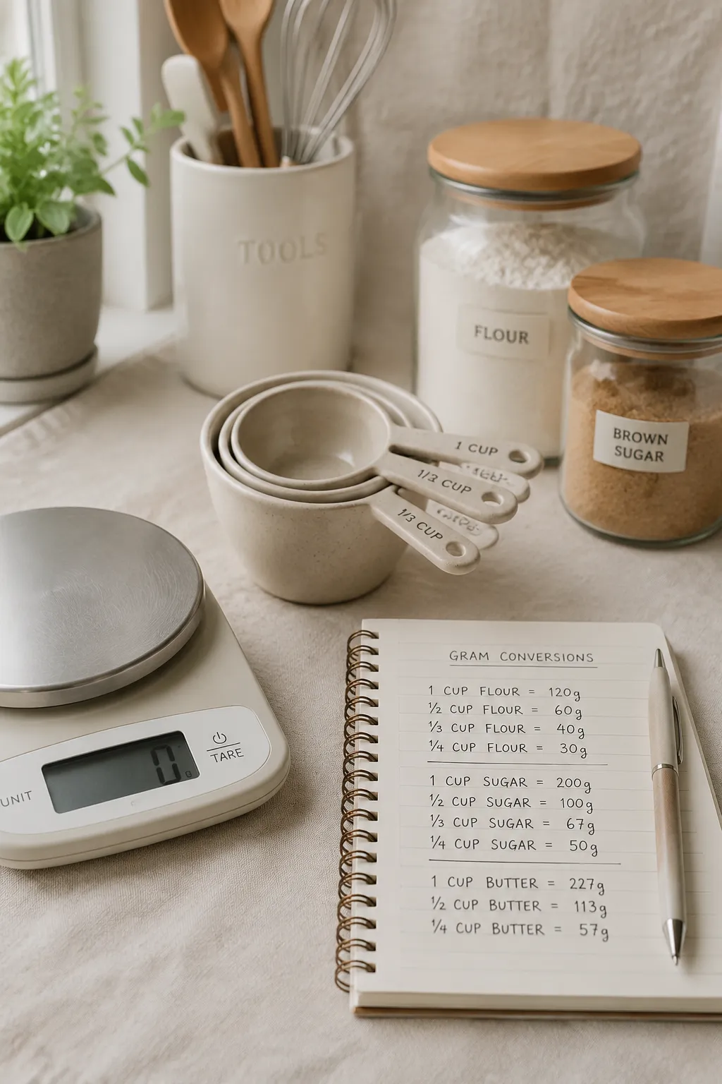Baking station with kitchen scale and measuring cups for cups to grams conversions