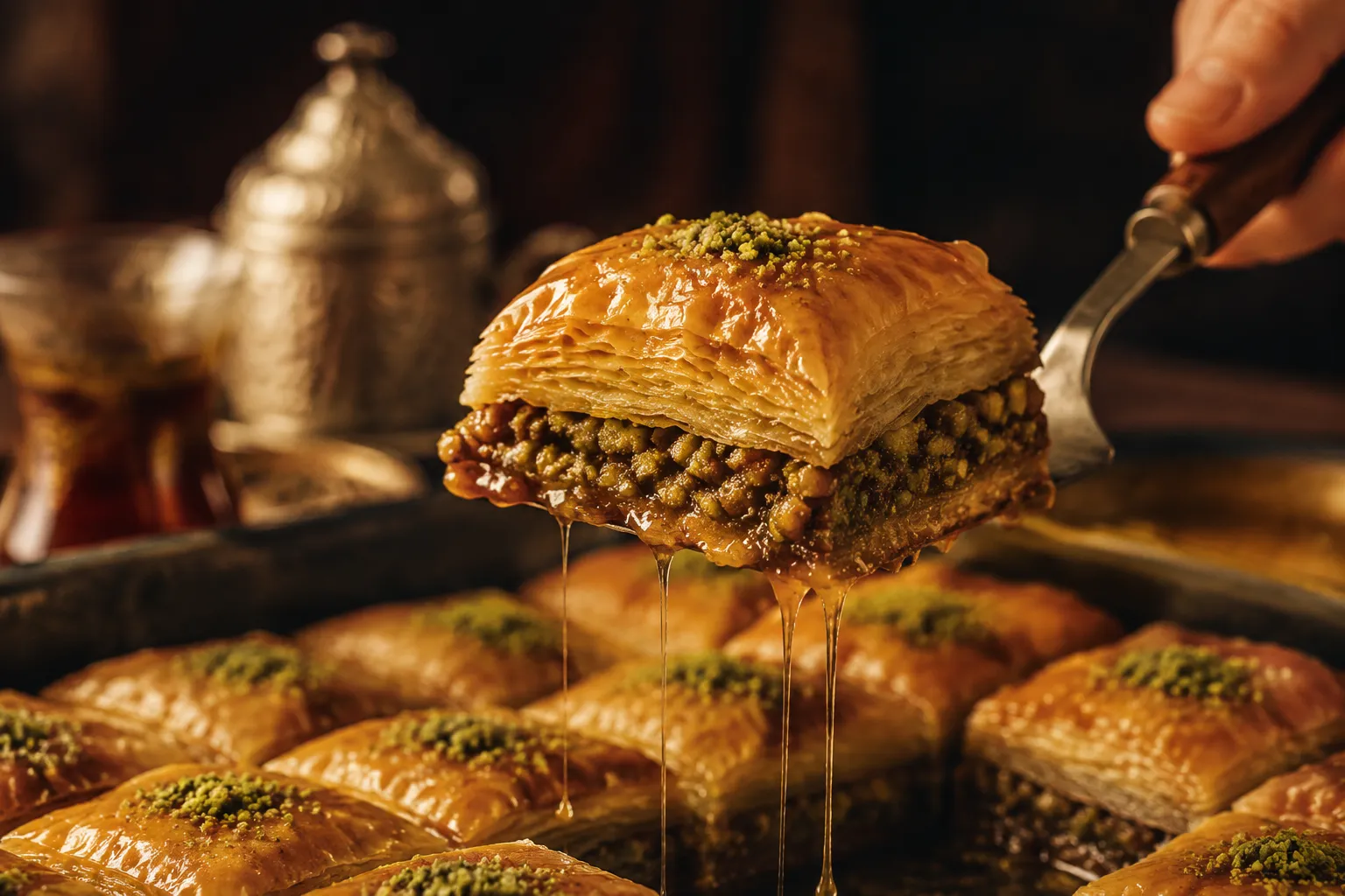 Hand lifting a flaky phyllo dough baklava piece with honey strings