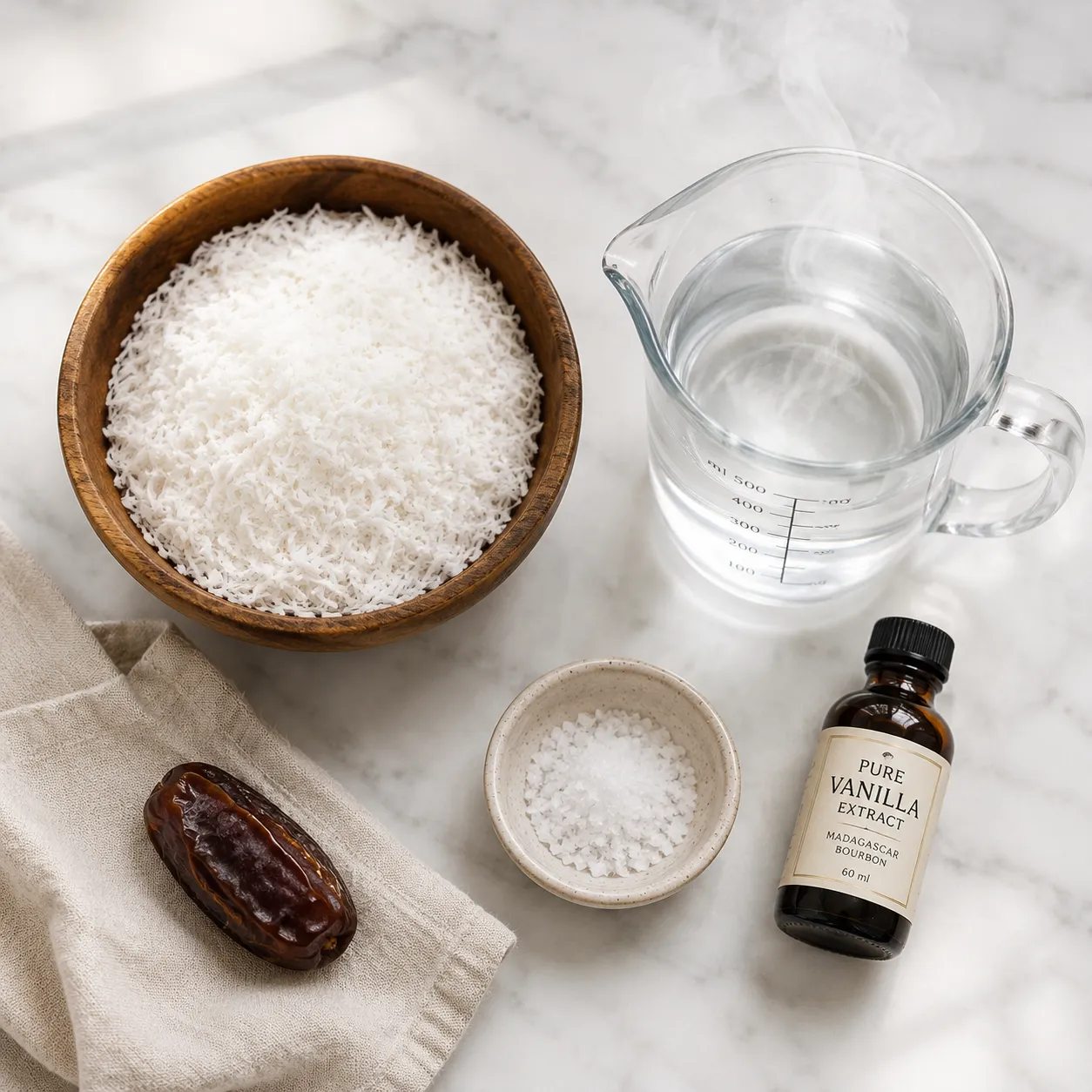 Ingredients for homemade coconut milk including shredded coconut and water