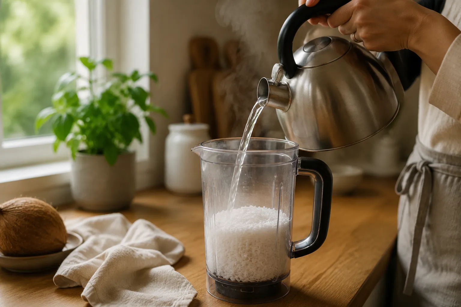 Pouring hot water over shredded coconut in blender to make coconut milk