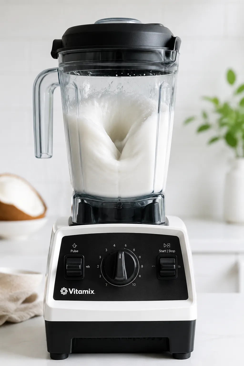 Blending shredded coconut and hot water into homemade coconut milk