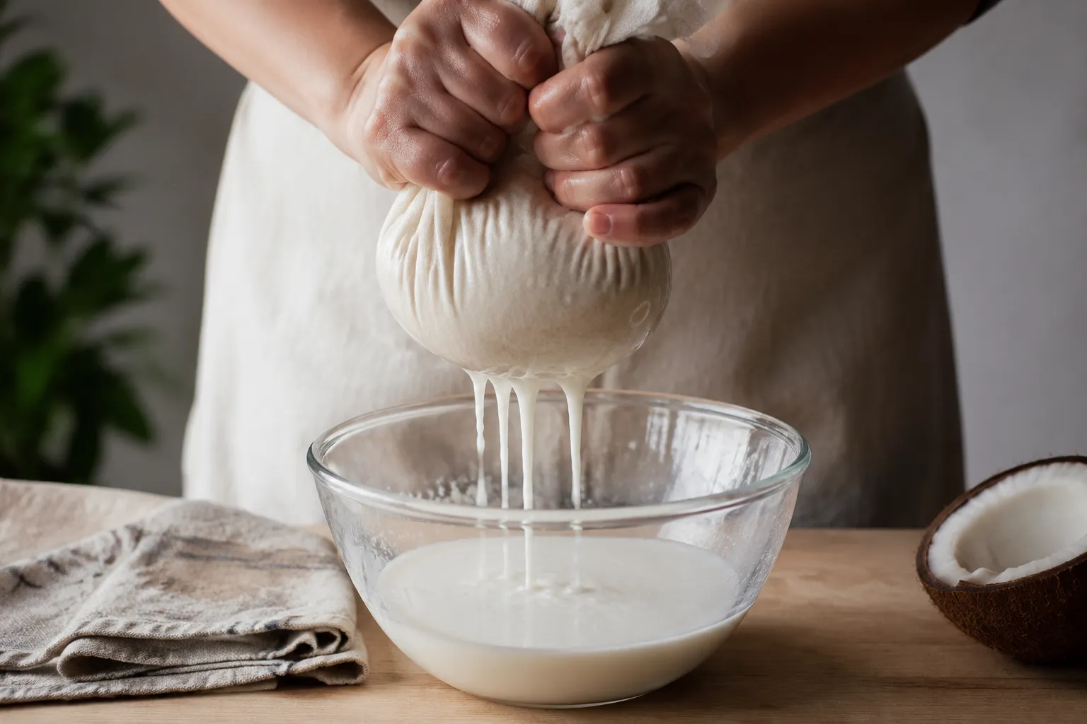 Straining homemade coconut milk through a nut milk bag