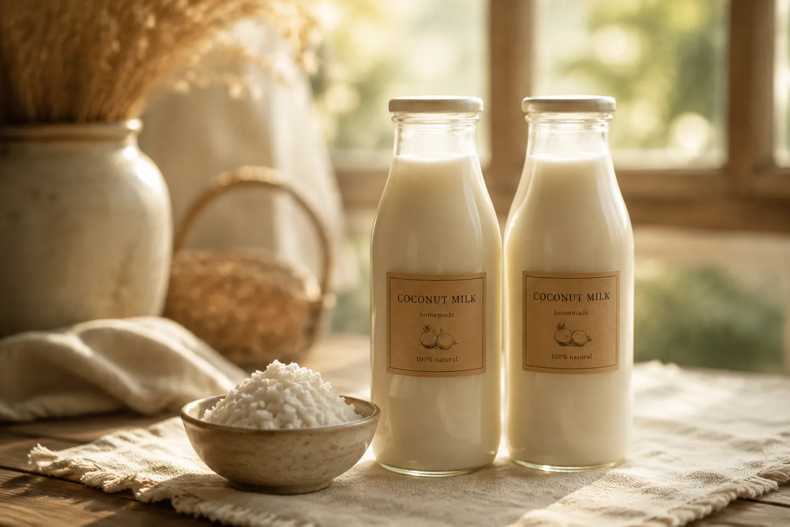 Bottled homemade coconut milk ready to use with leftover coconut pulp