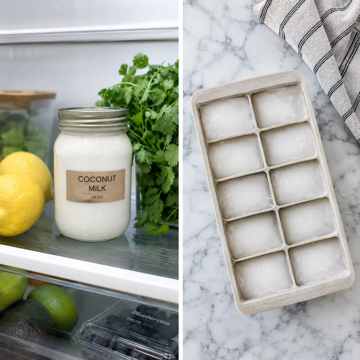 Storing homemade coconut milk in jar and freezer cubes