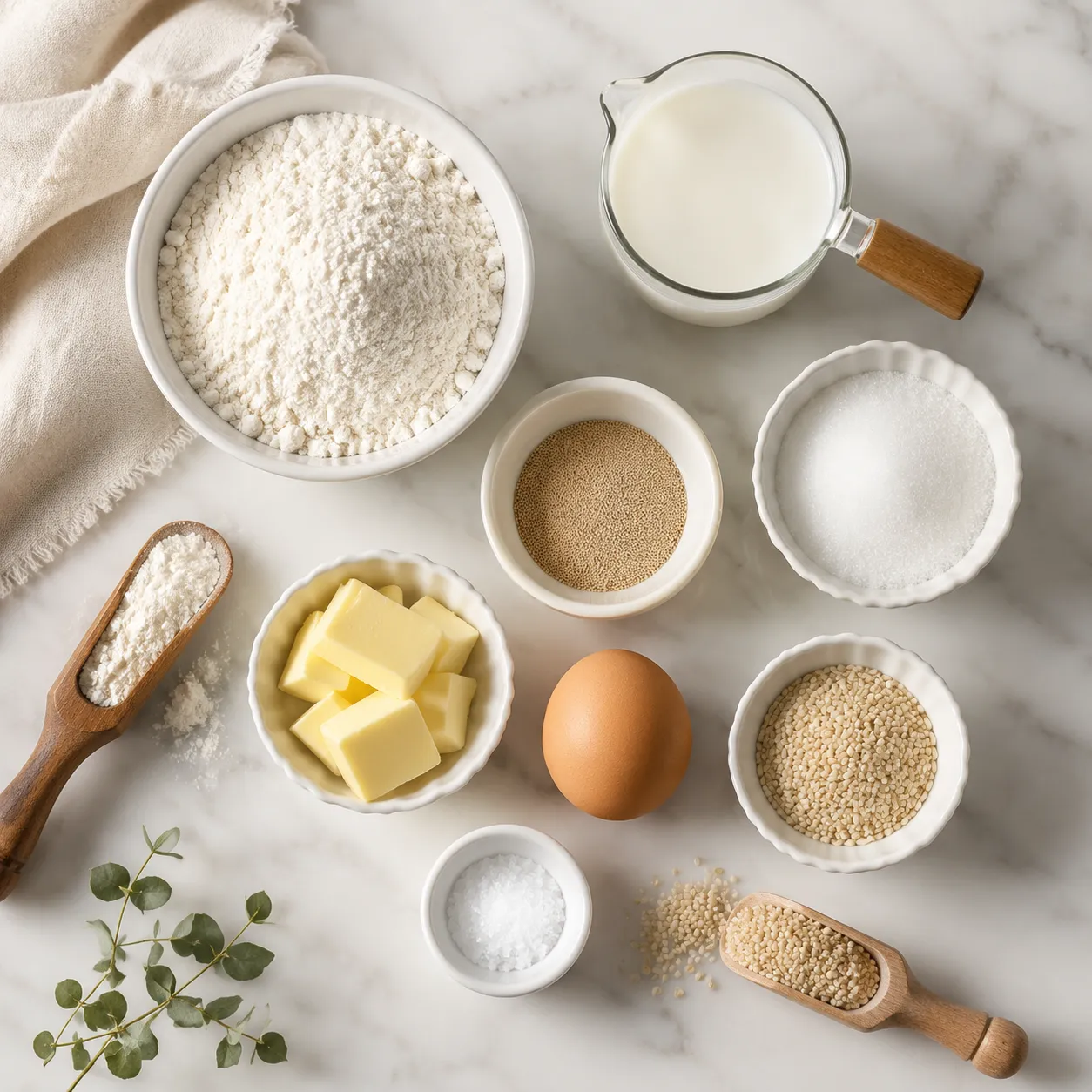 Ingredients for homemade hamburger buns in prep bowls on marble