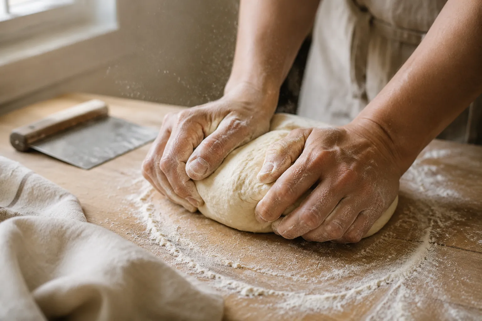 Hands kneading homemade hamburger bun dough on a floured board
