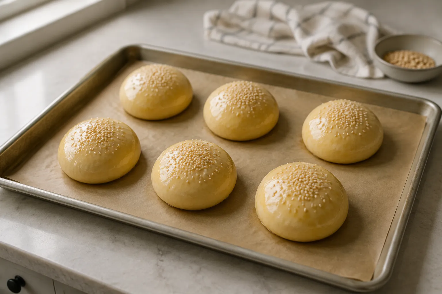 Shaped homemade hamburger buns brushed with egg wash and sesame seeds before baking