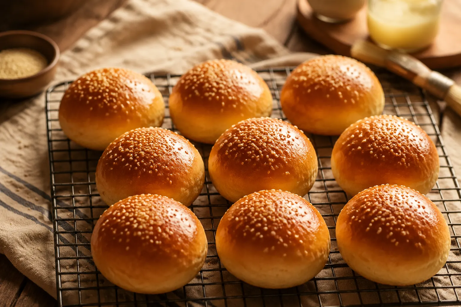 Freshly baked homemade hamburger buns cooling on a rack