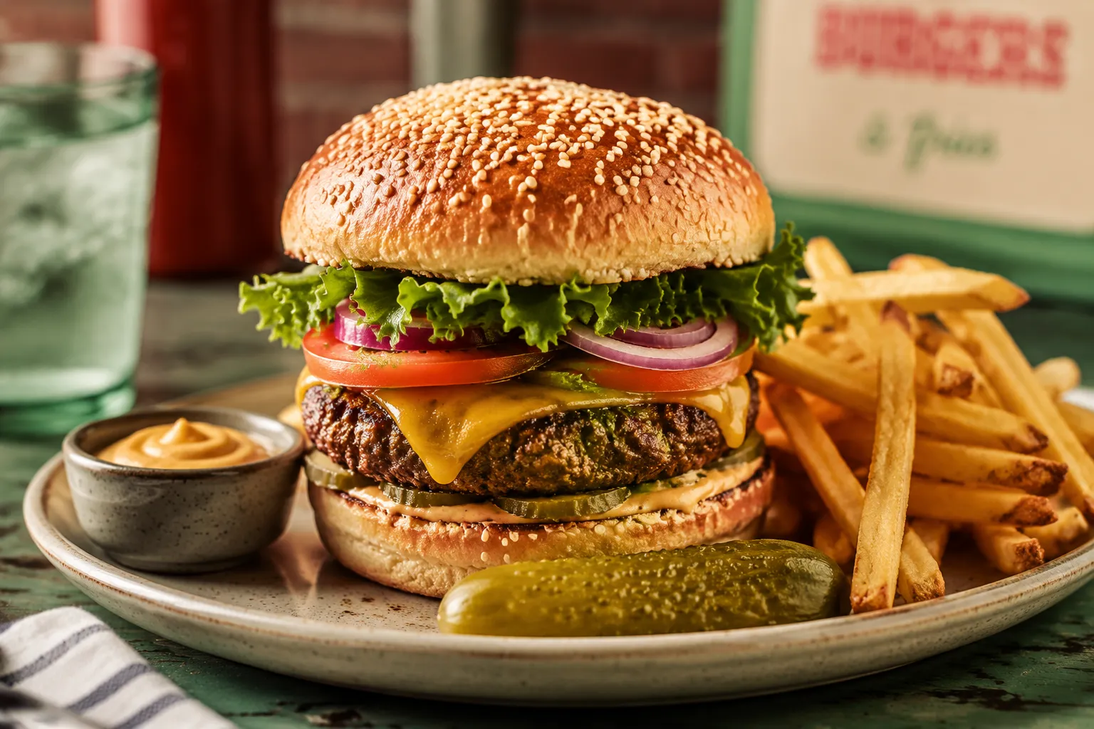 Cheeseburger served on a homemade hamburger bun with fries