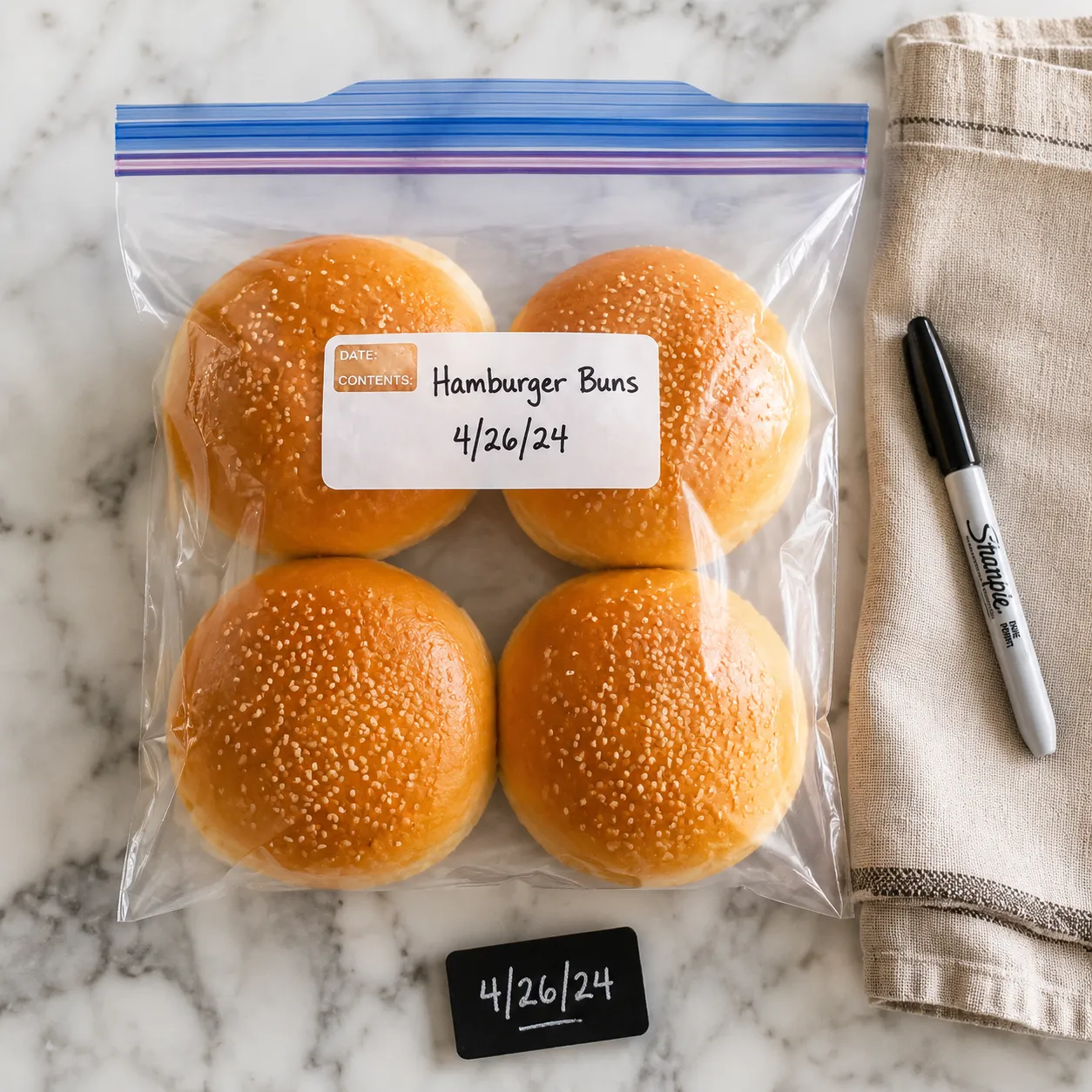 Homemade hamburger buns stored in a freezer bag for later use
